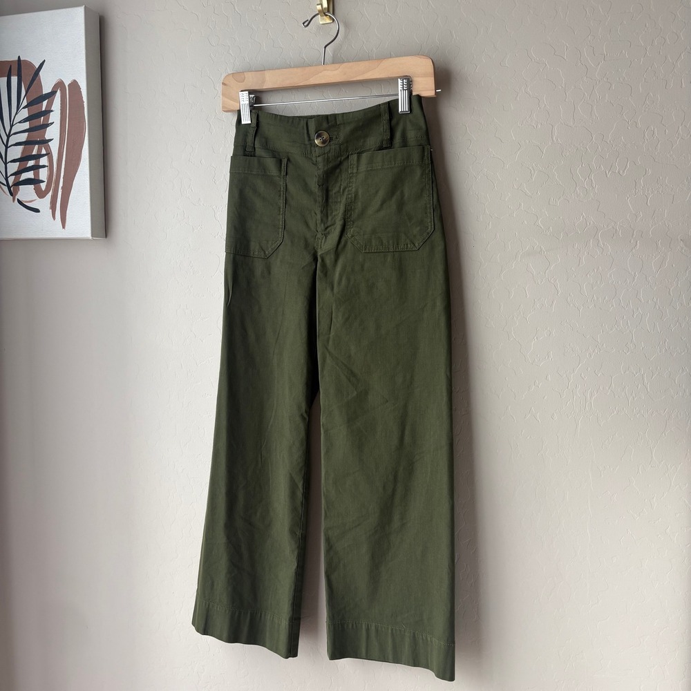 Maeve Anthropologie Colette Wide Leg Cropped Pants Green Utility Linen Size 24P - Picture 2 of 7